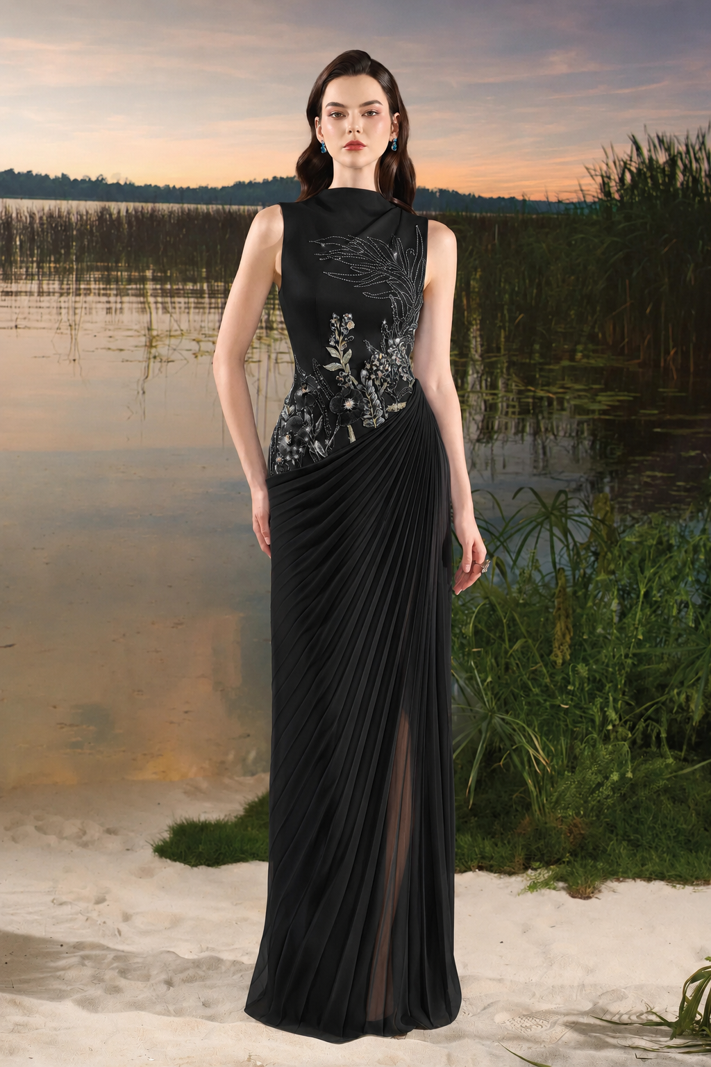 Floral Embellished Diagonal Pleated Dress - TRACY COUTURE