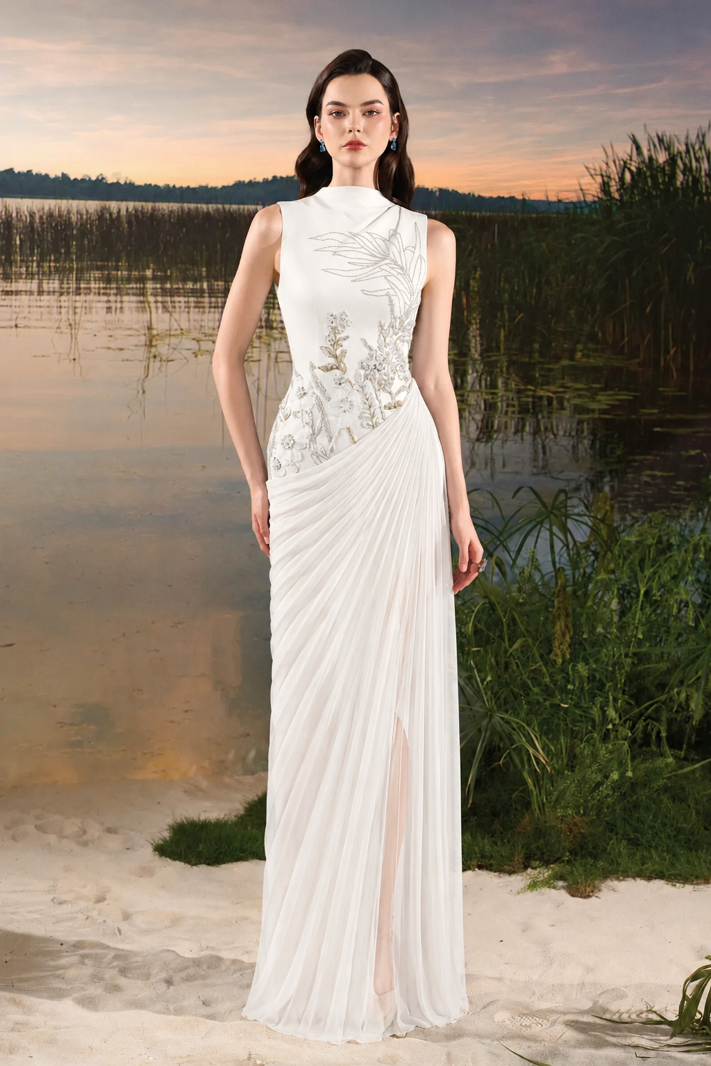 Floral Embellished Diagonal Pleated Dress - TRACY COUTURE