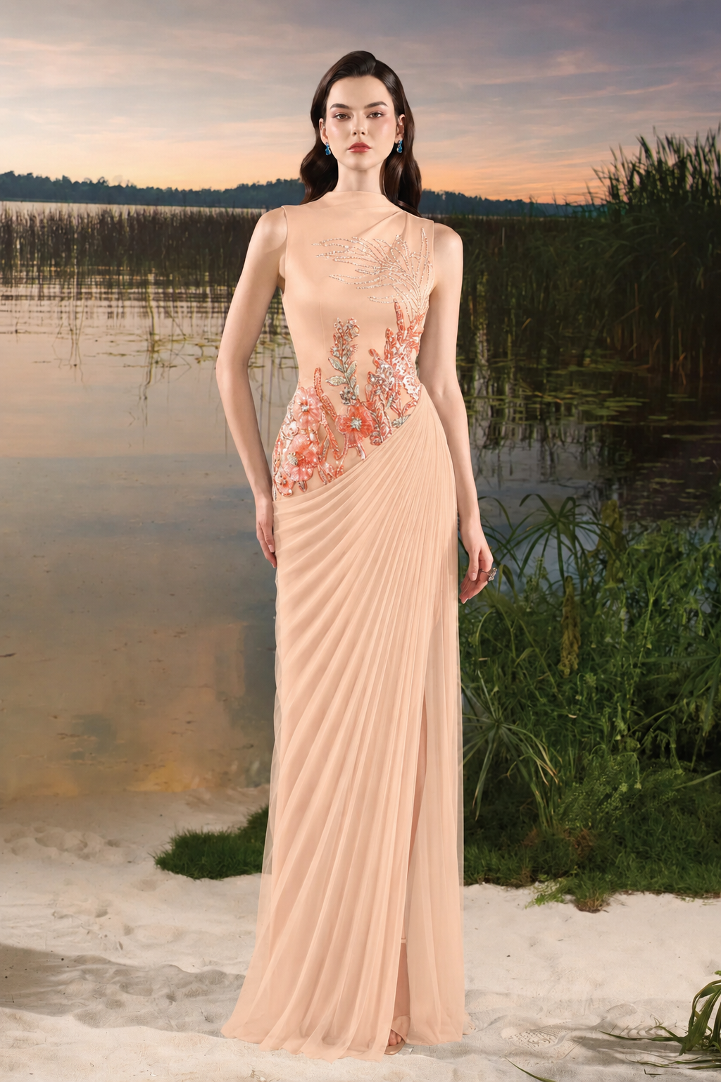 Floral Embellished Diagonal Pleated Dress - TRACY COUTURE
