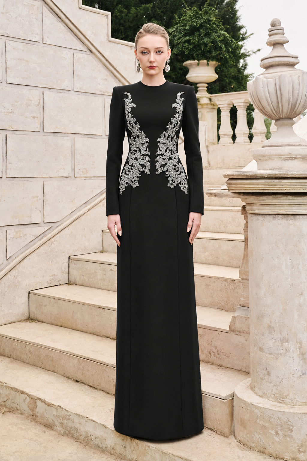 Symmetric Crystal-Embellished Straight Dress - TRACY COUTURE