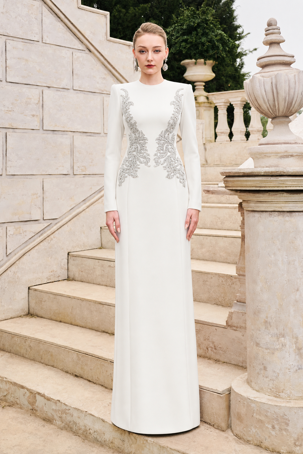 Symmetric Crystal-Embellished Straight Dress - TRACY COUTURE