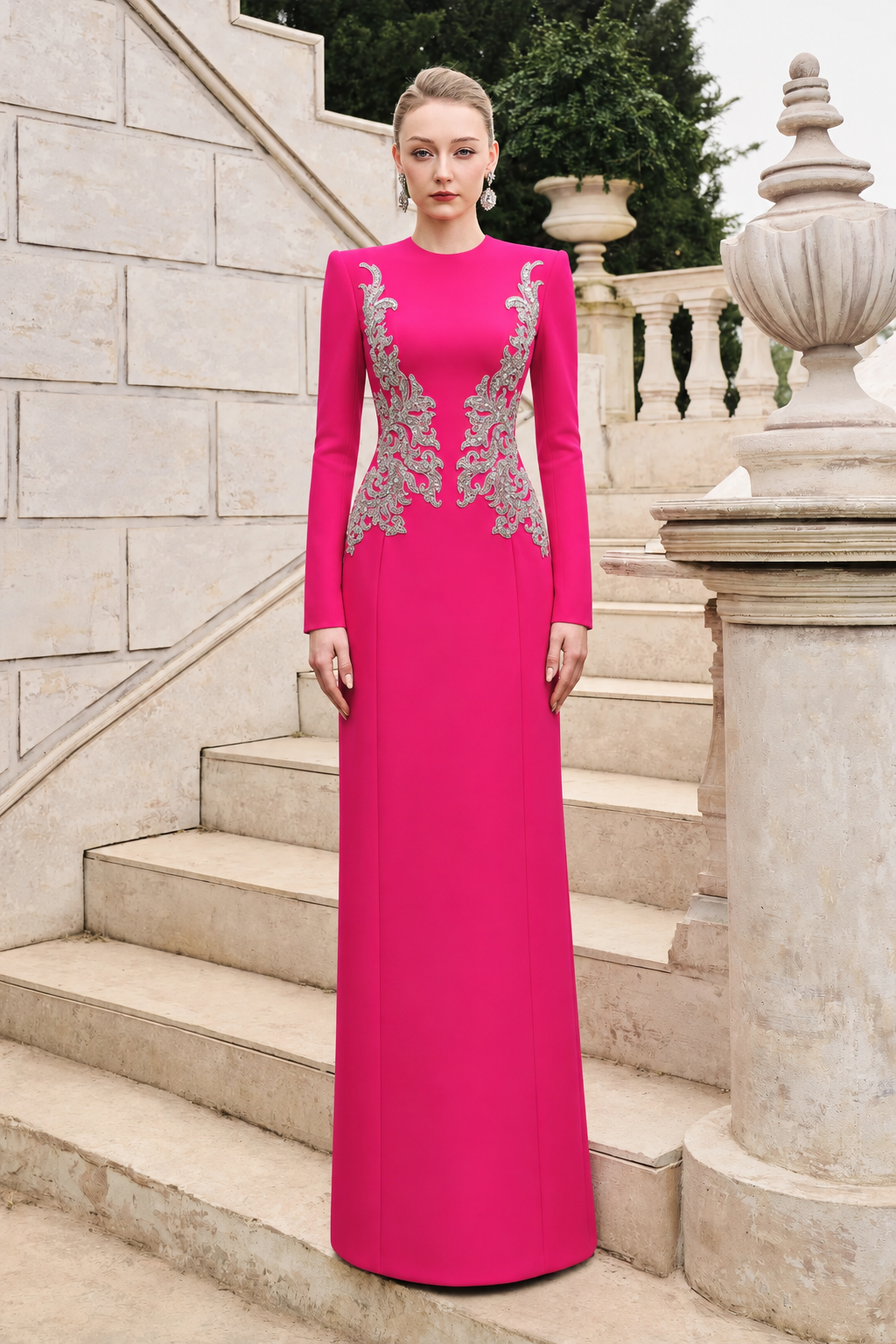 Symmetric Crystal-Embellished Straight Dress - TRACY COUTURE
