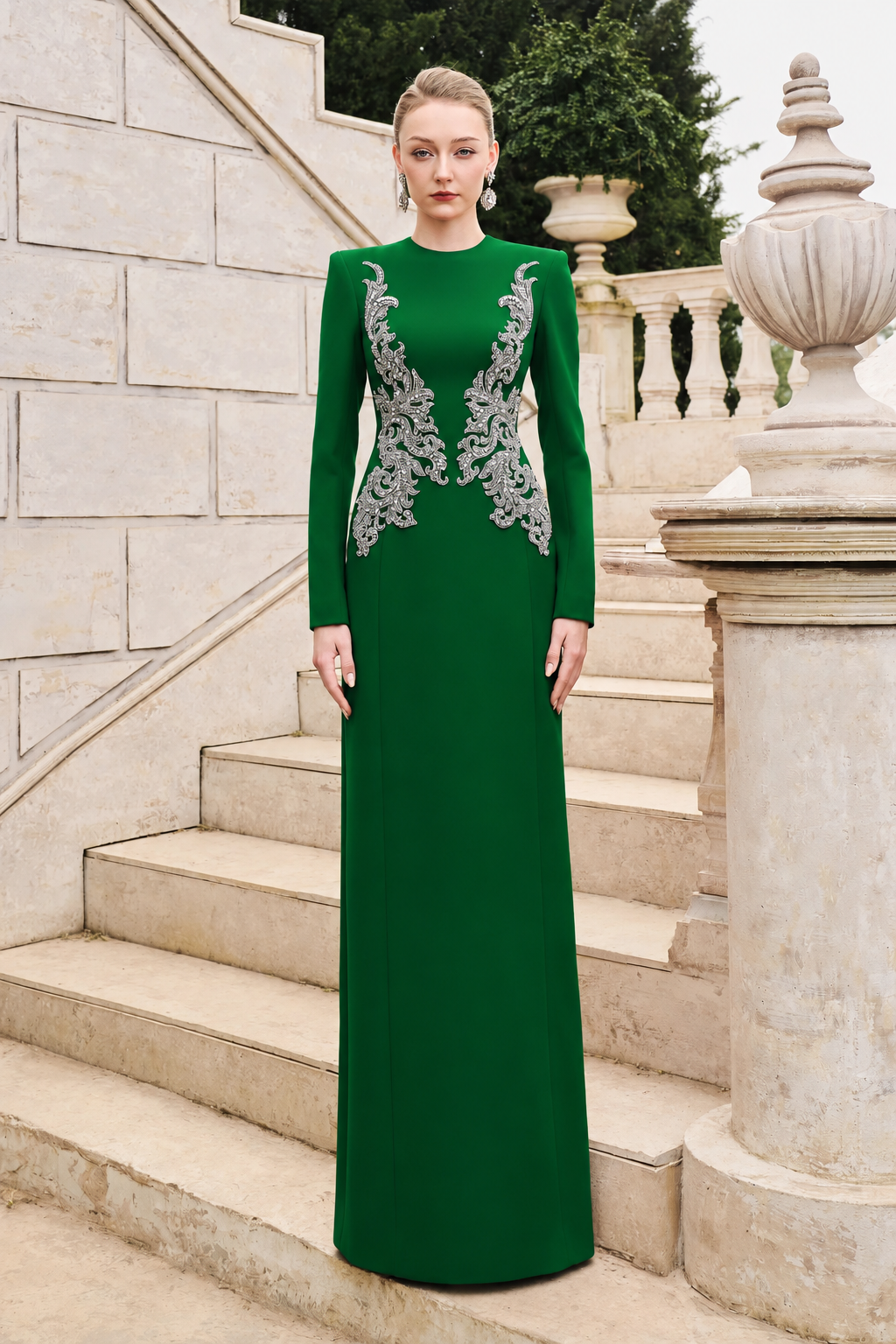 Symmetric Crystal-Embellished Straight Dress - TRACY COUTURE