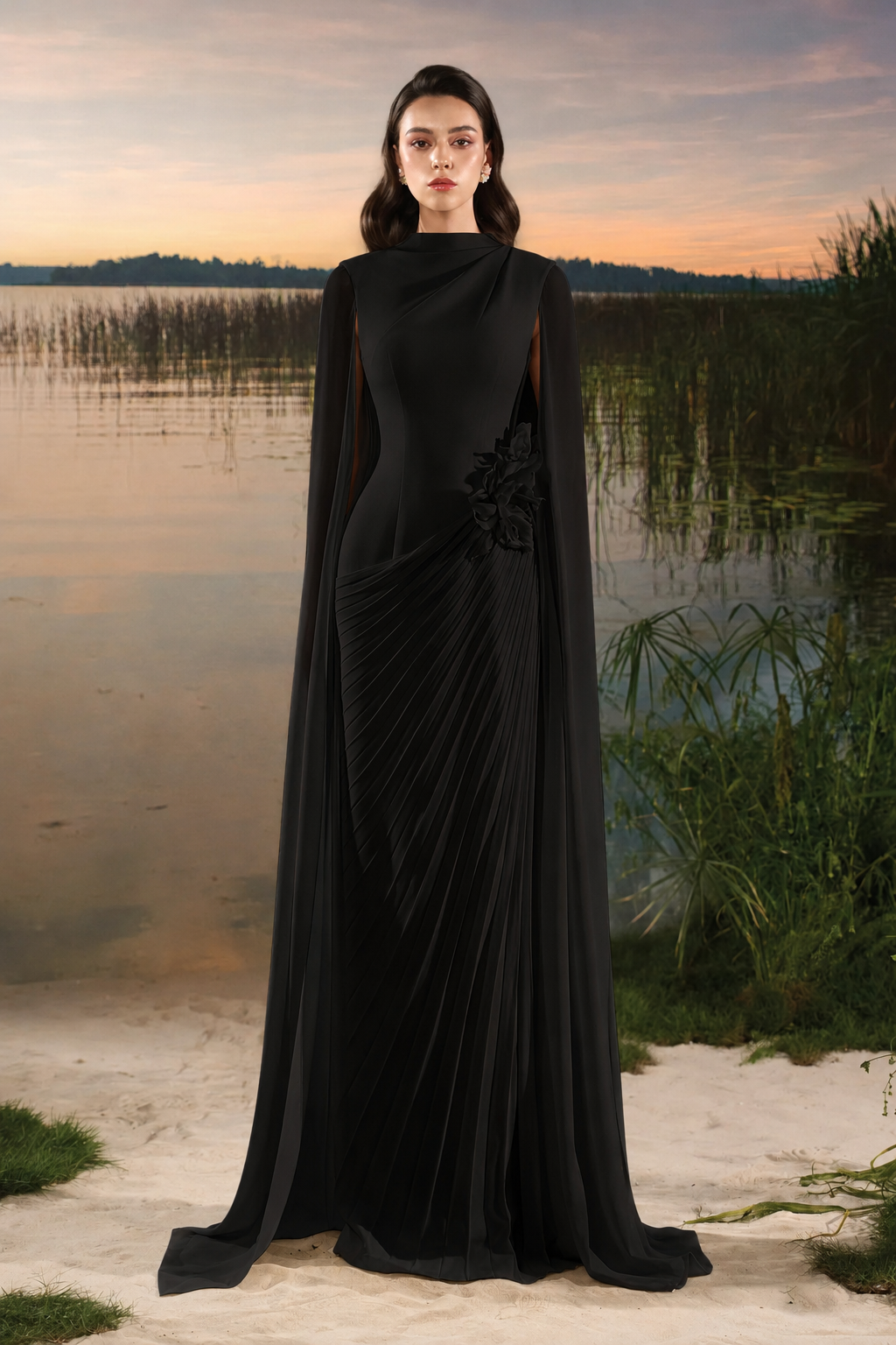 3D Floral Diagonal Pleated Dress - TRACY COUTURE