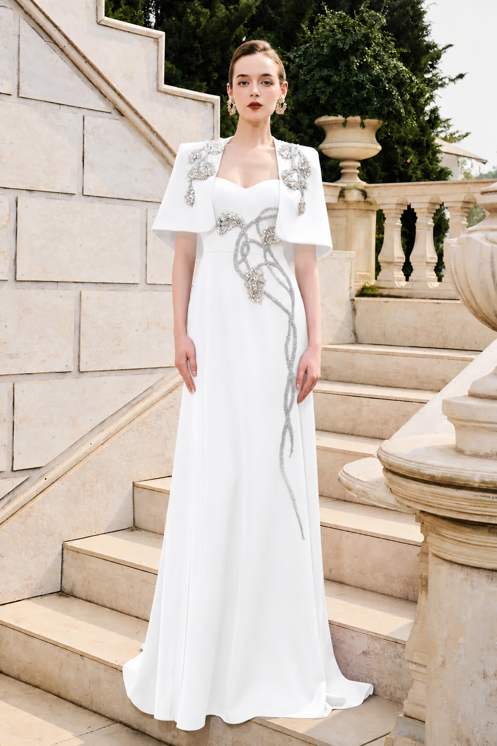 Short Cape Strappy Semi-Heart Dress Set - TRACY COUTURE