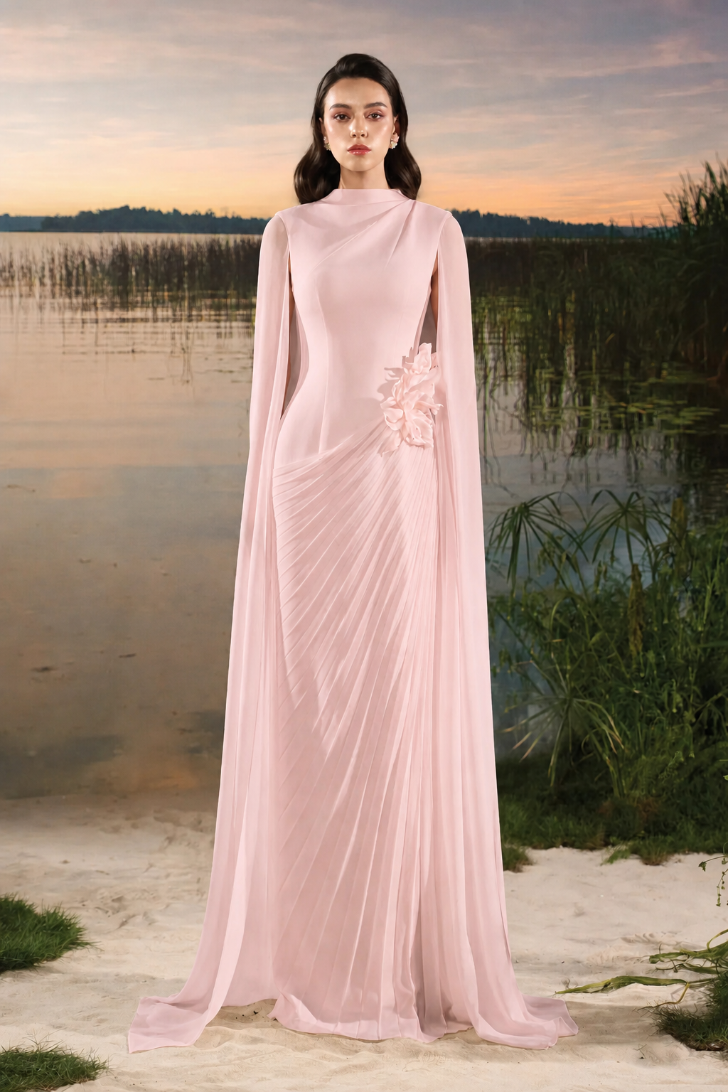 3D Floral Diagonal Pleated Dress - TRACY COUTURE