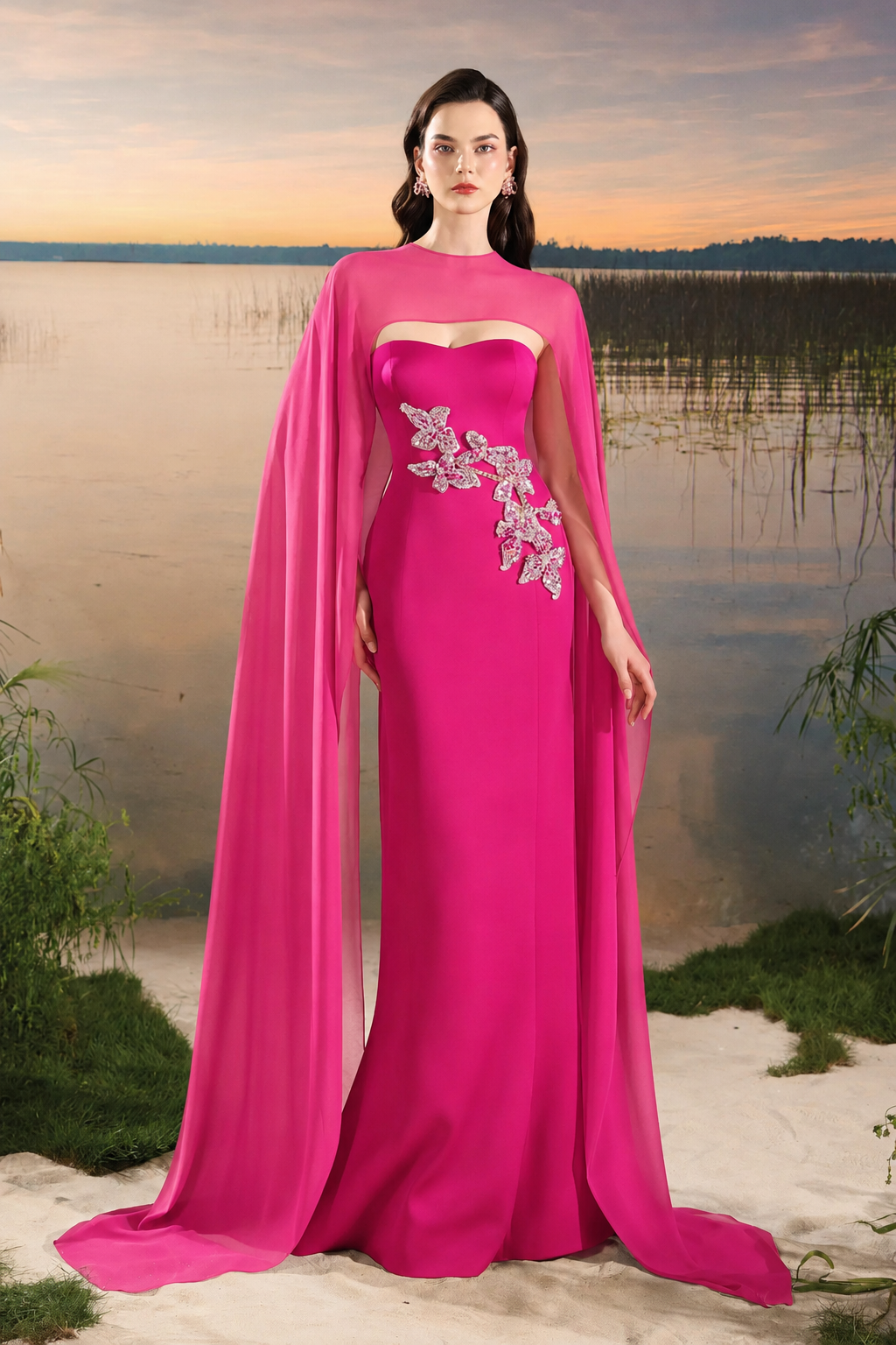 Open Chest Floral Embellished Dress - TRACY COUTURE
