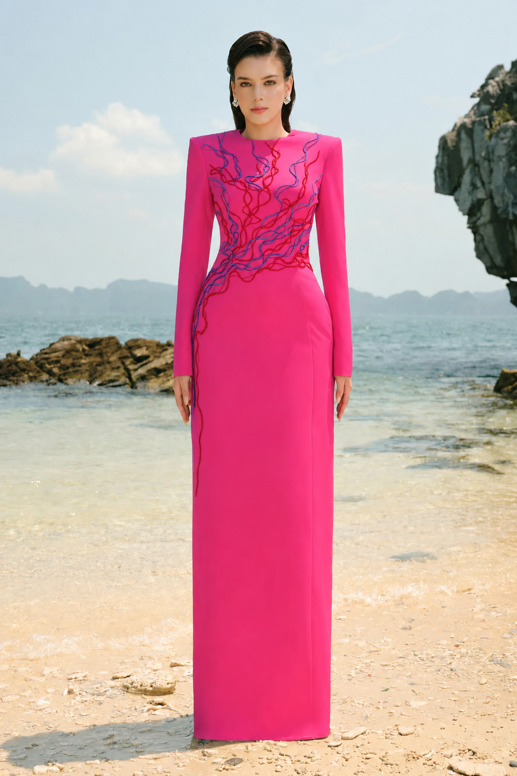 Stylized Crystal Embellished Straight Dress - TRACY COUTURE