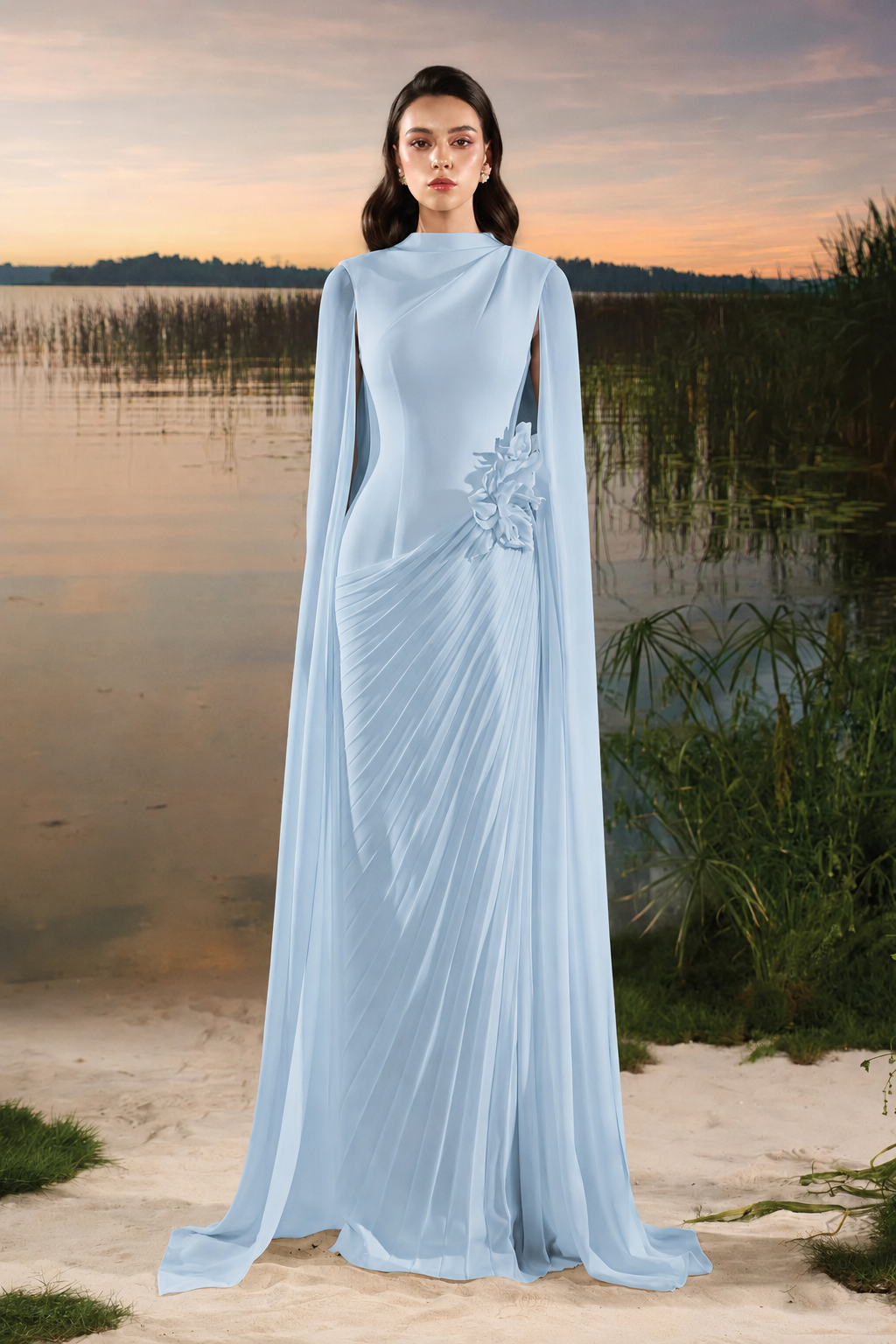 3D Floral Diagonal Pleated Dress - TRACY COUTURE