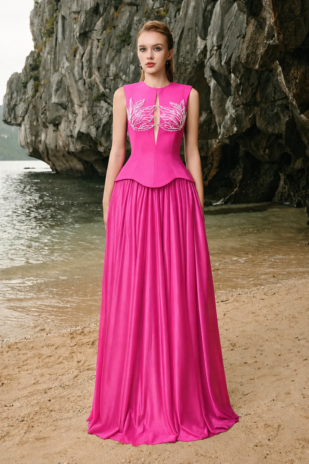 Tear-Drop Cutout Sleeveless Top And Gathered A-Line Skirt Set - TRACY COUTURE
