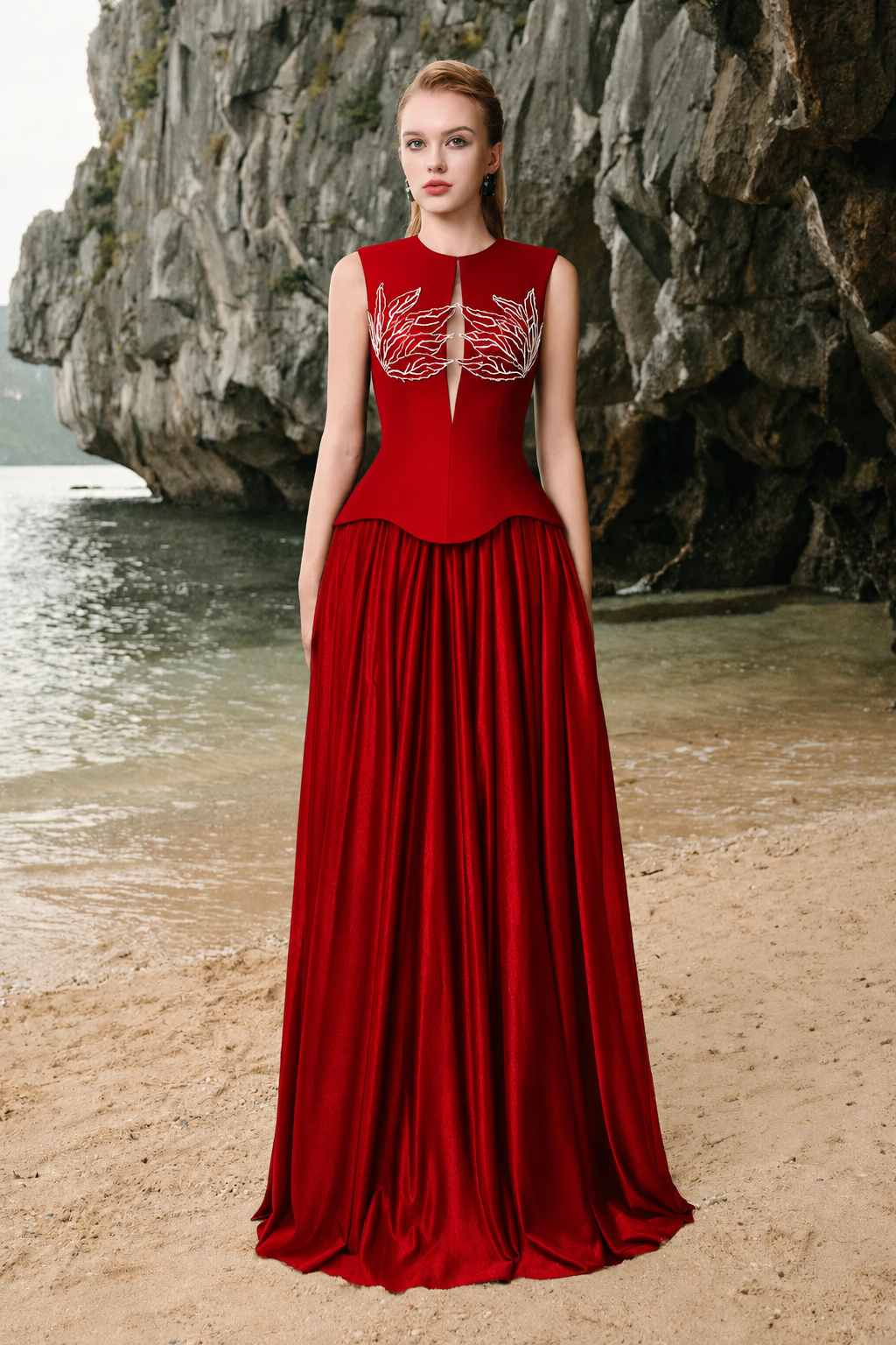 Tear-Drop Cutout Sleeveless Top And Gathered A-Line Skirt Set - TRACY COUTURE