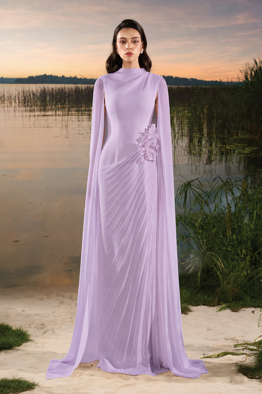 3D Floral Diagonal Pleated Dress - TRACY COUTURE