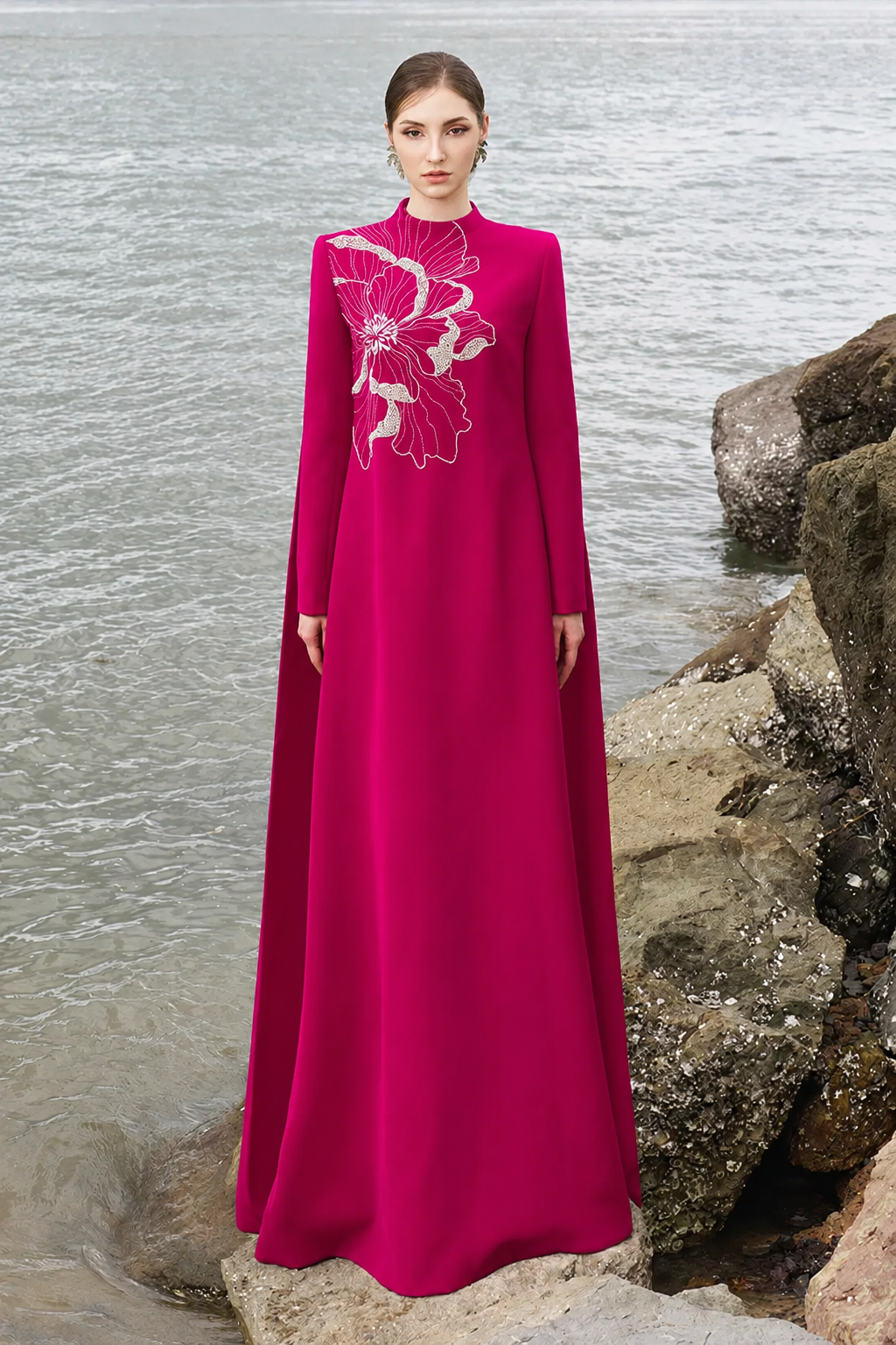 High Neck Long Back Flap Dress - TRACY COUTURE