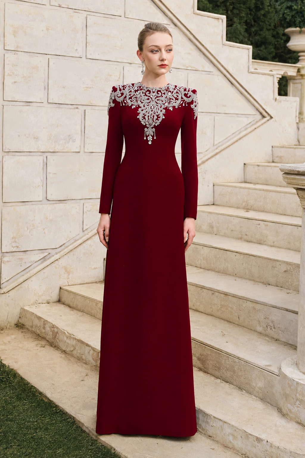 Crystal-Embellished Long Sleeve Dress - TRACY COUTURE