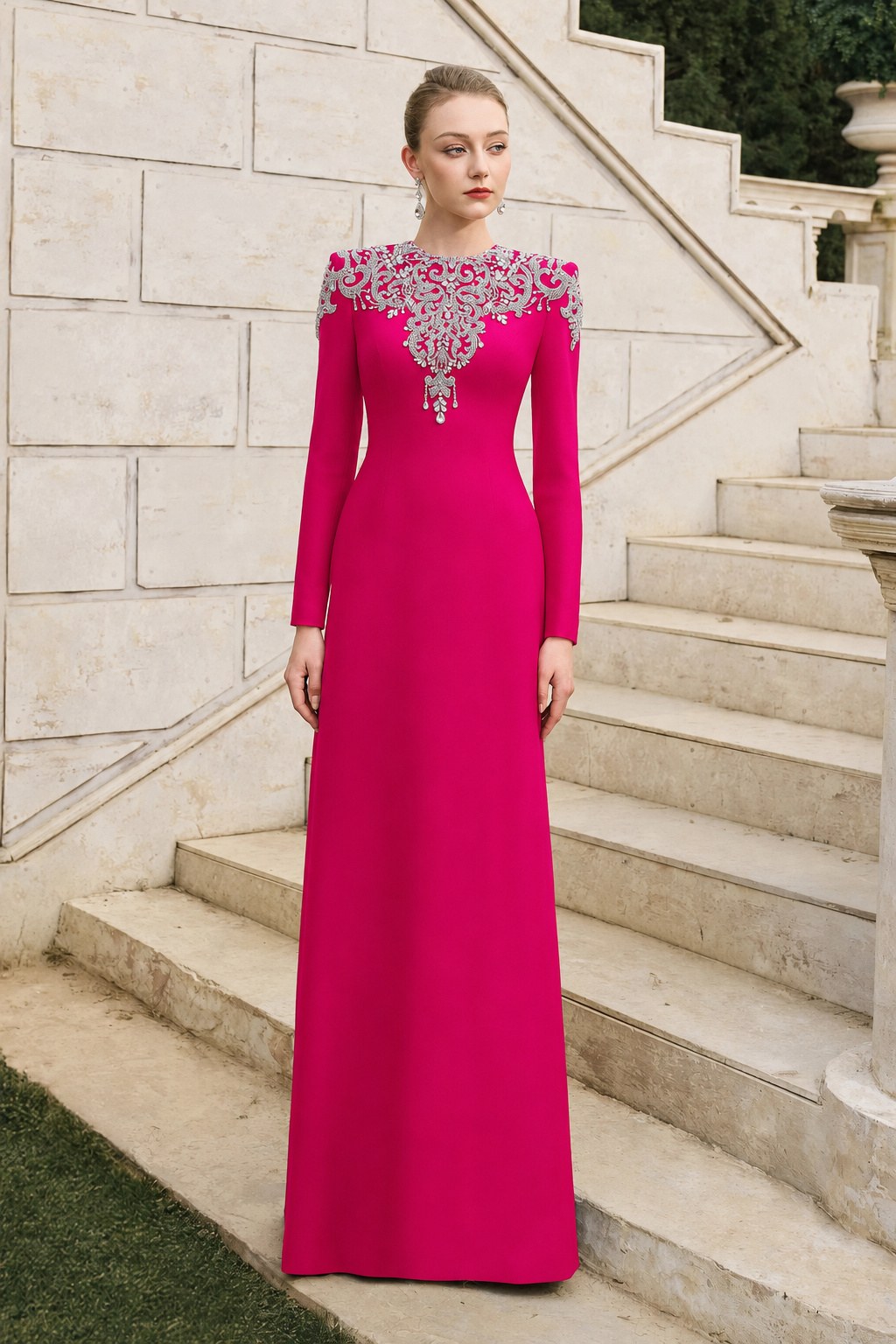 Crystal-Embellished Long Sleeve Dress - TRACY COUTURE
