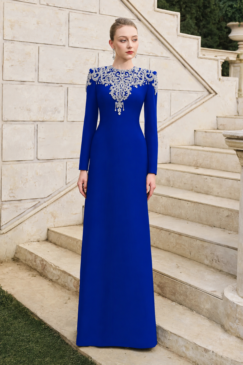 Crystal-Embellished Long Sleeve Dress - TRACY COUTURE