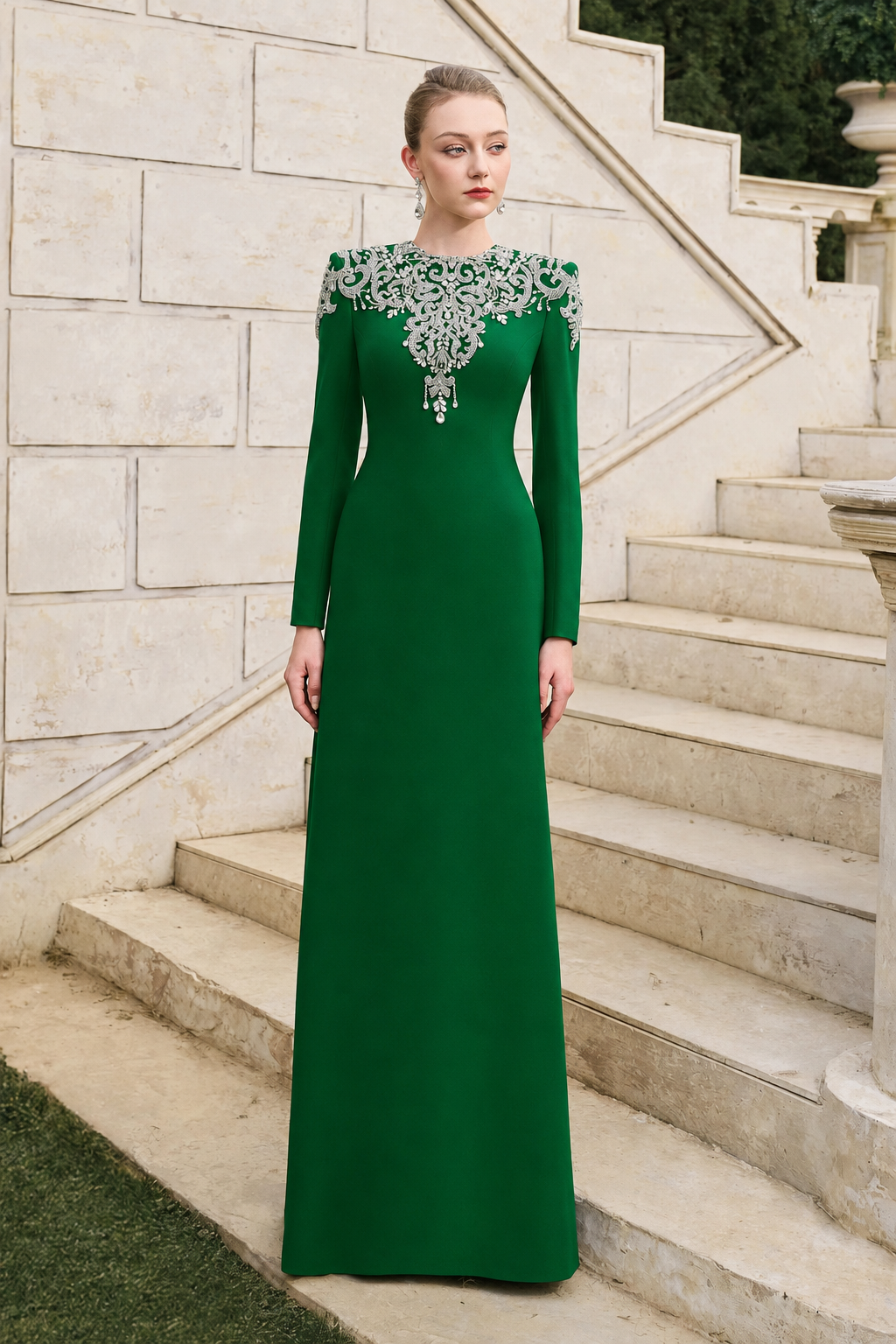 Crystal-Embellished Long Sleeve Dress - TRACY COUTURE