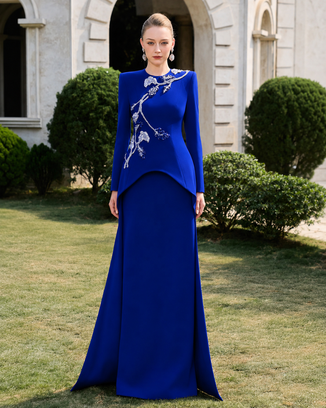 3D Crystal-Embellished With Curved Hemline Dress - TRACY COUTURE