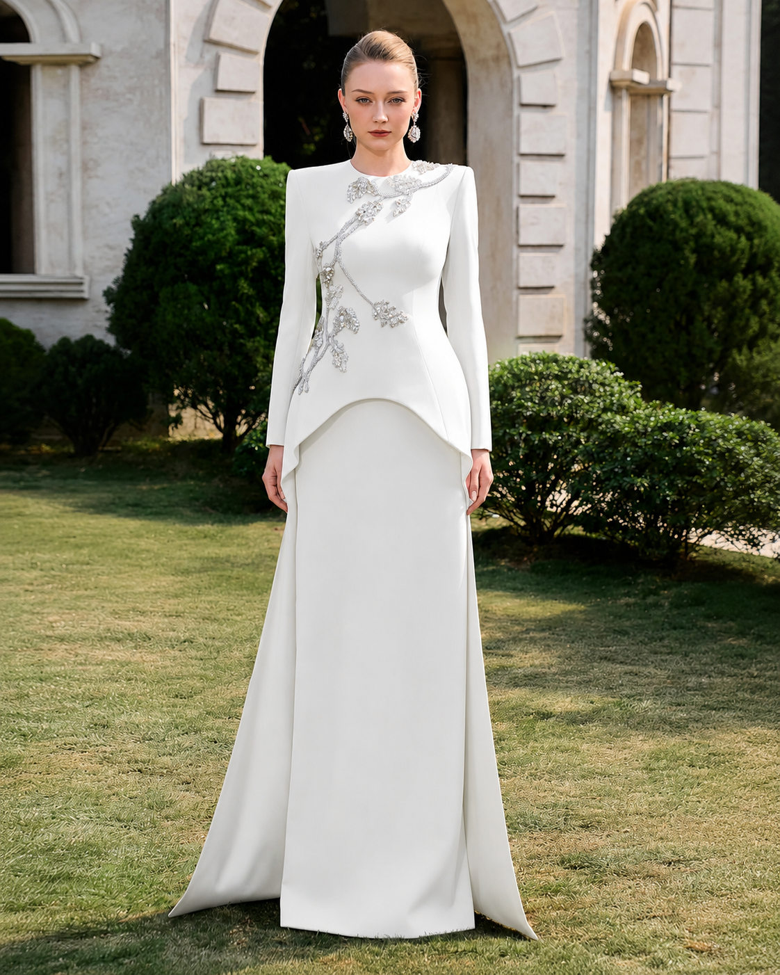 3D Crystal-Embellished With Curved Hemline Dress - TRACY COUTURE