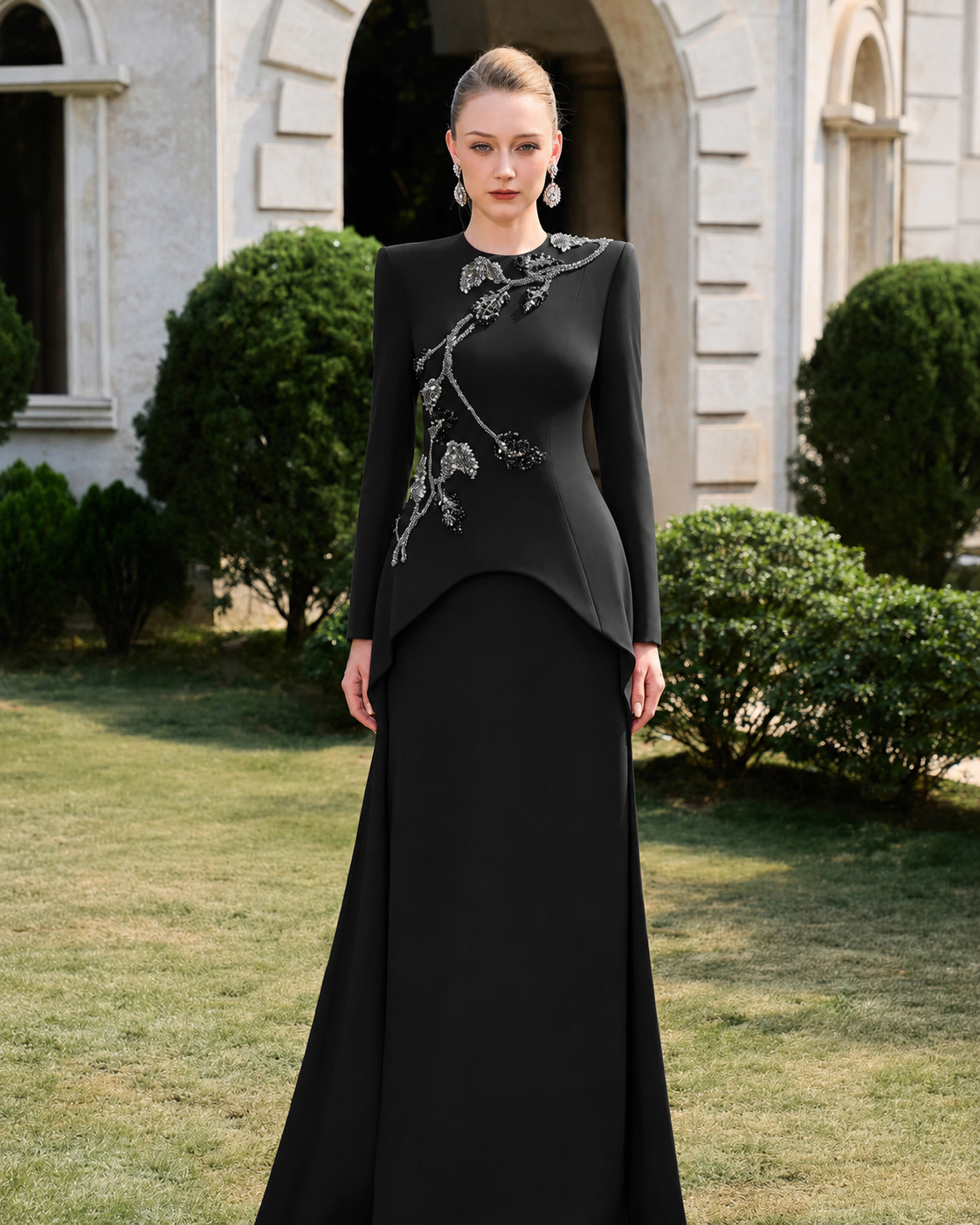 3D Crystal-Embellished With Curved Hemline Dress - TRACY COUTURE