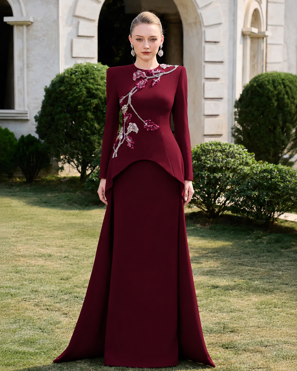3D Crystal-Embellished With Curved Hemline Dress - TRACY COUTURE