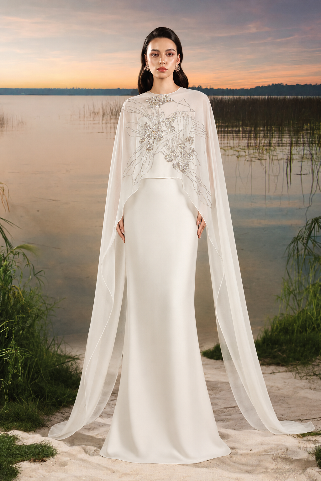 Flowing Cape Sleeve Mermaid Dress - TRACY COUTURE