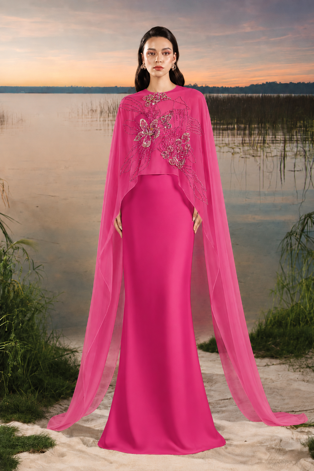 Flowing Cape Sleeve Mermaid Dress - TRACY COUTURE