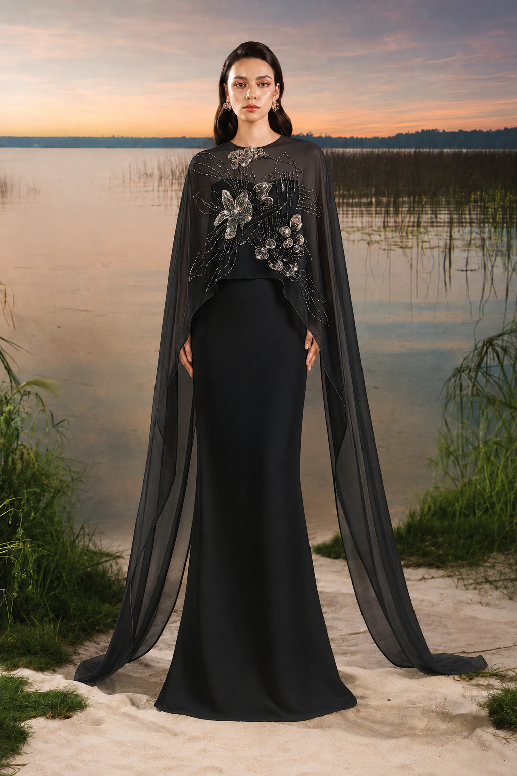 Flowing Cape Sleeve Mermaid Dress - TRACY COUTURE