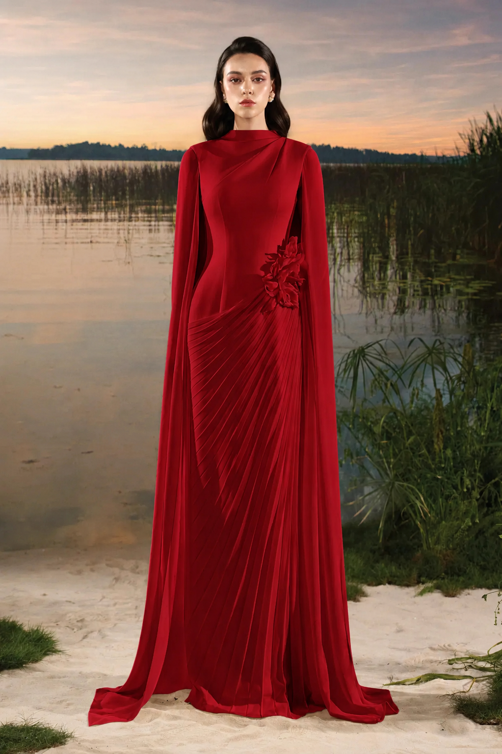 3D Floral Diagonal Pleated Dress - TRACY COUTURE