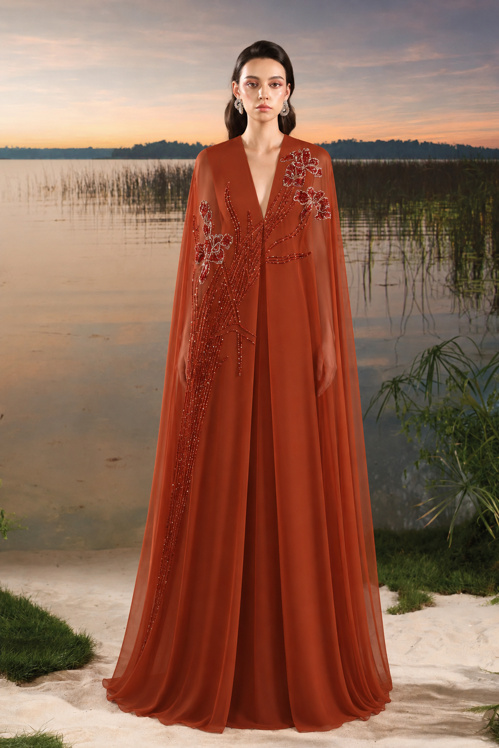 Deep V-Neck Wide Dress - TRACY COUTURE