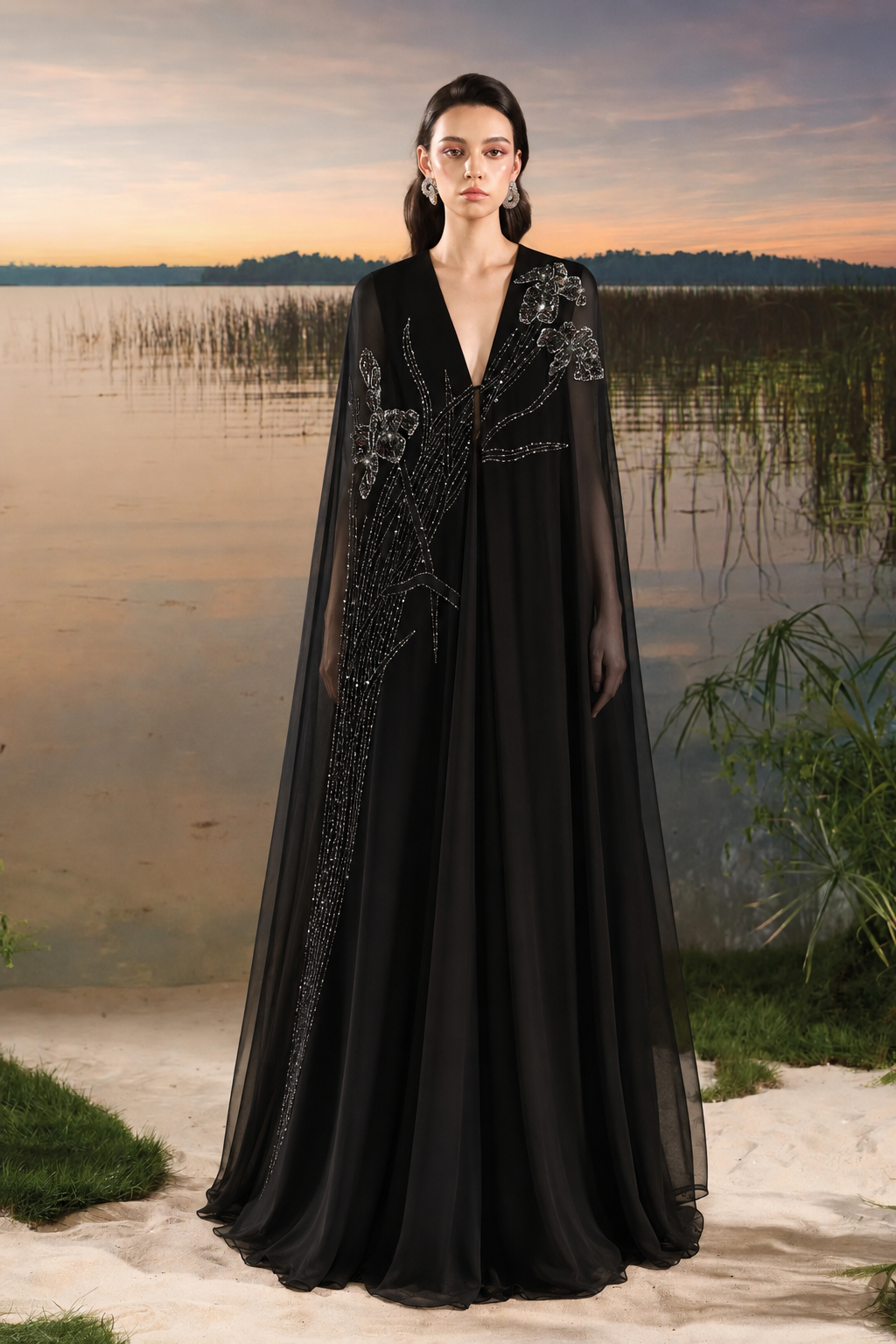 Deep V-Neck Wide Dress - TRACY COUTURE