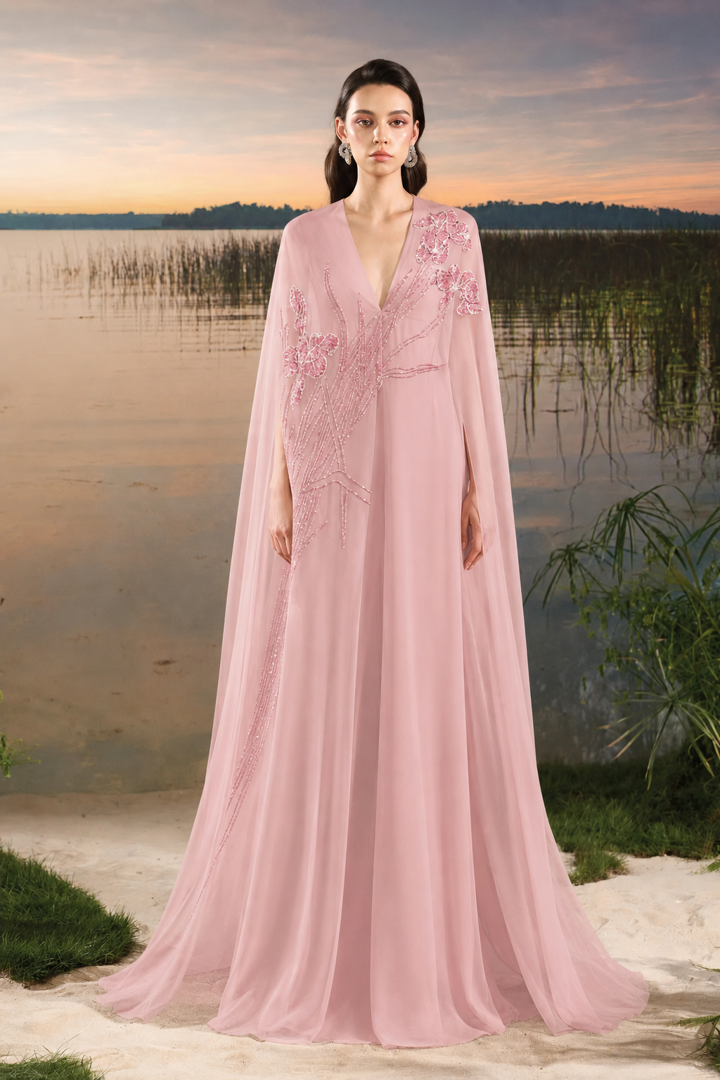 Deep V-Neck Wide Dress - TRACY COUTURE