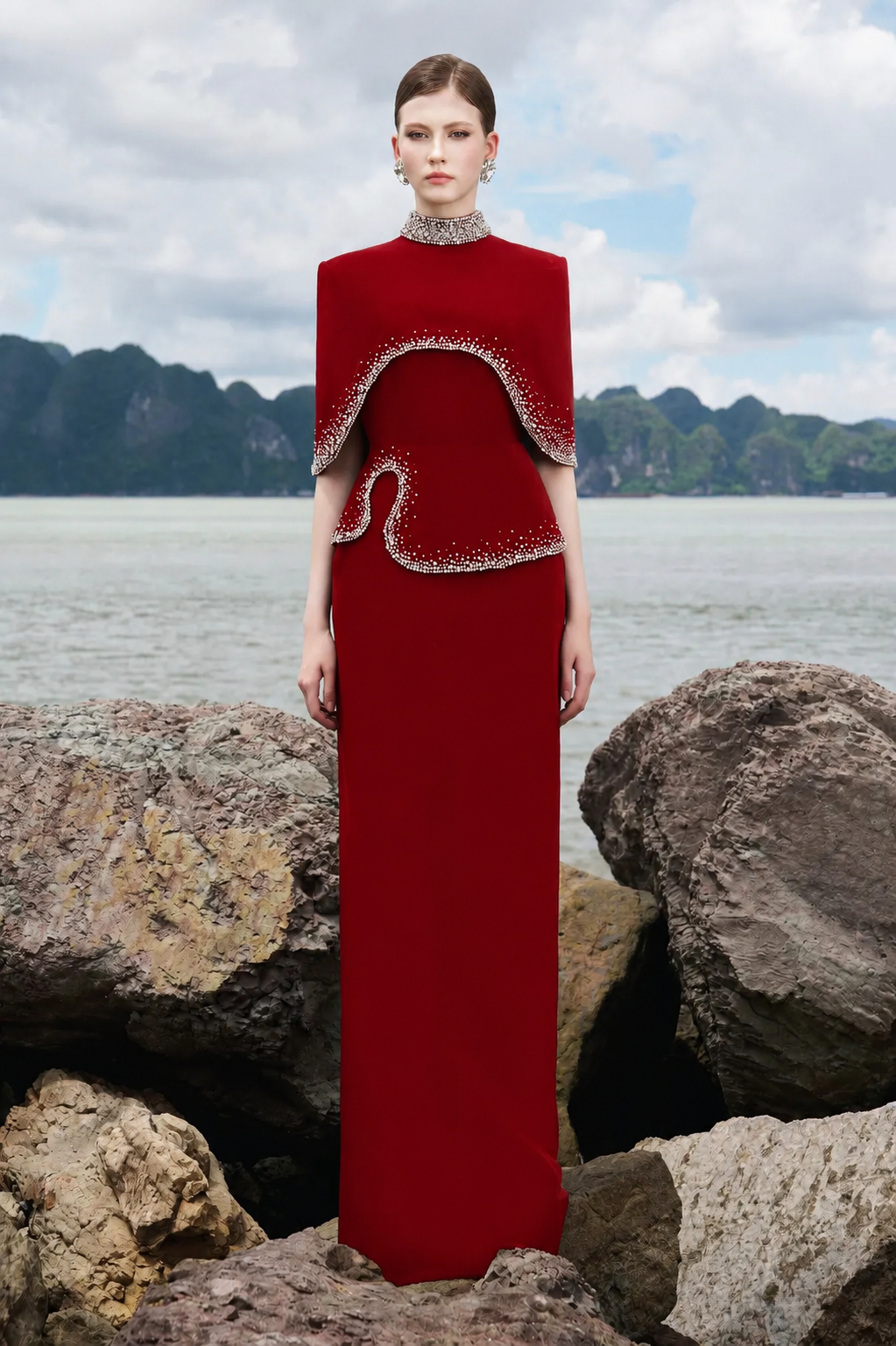 High Neck Curved Cape With Wavy Crystal Embellished Line Dress Set - TRACY COUTURE