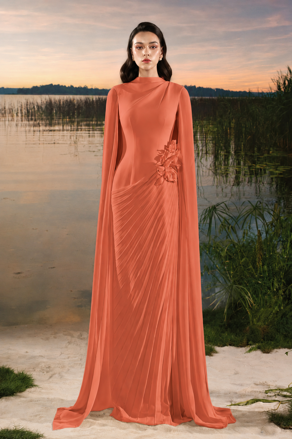 3D Floral Diagonal Pleated Dress - TRACY COUTURE