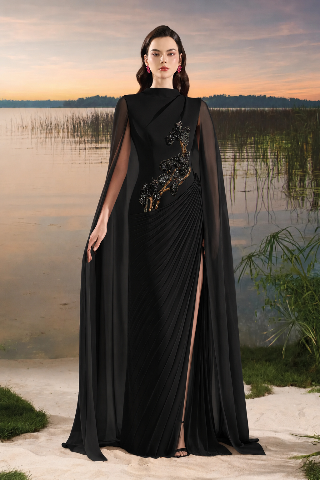 Long Flap Diagonal Pleated Dress - TRACY COUTURE
