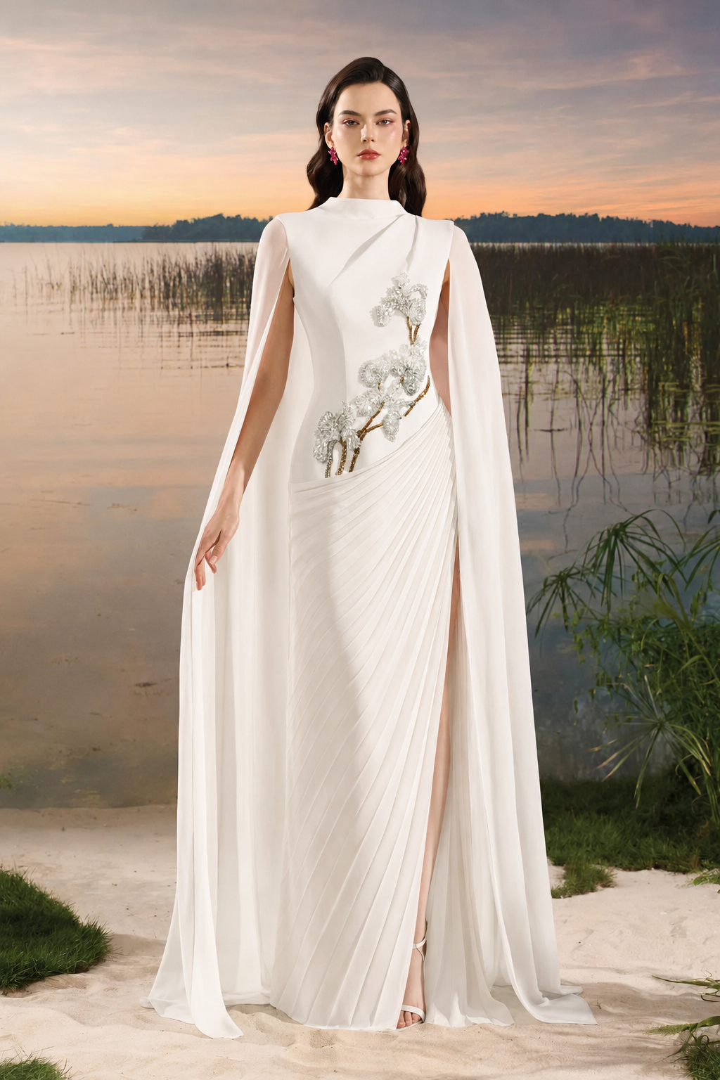 Long Flap Diagonal Pleated Dress - TRACY COUTURE