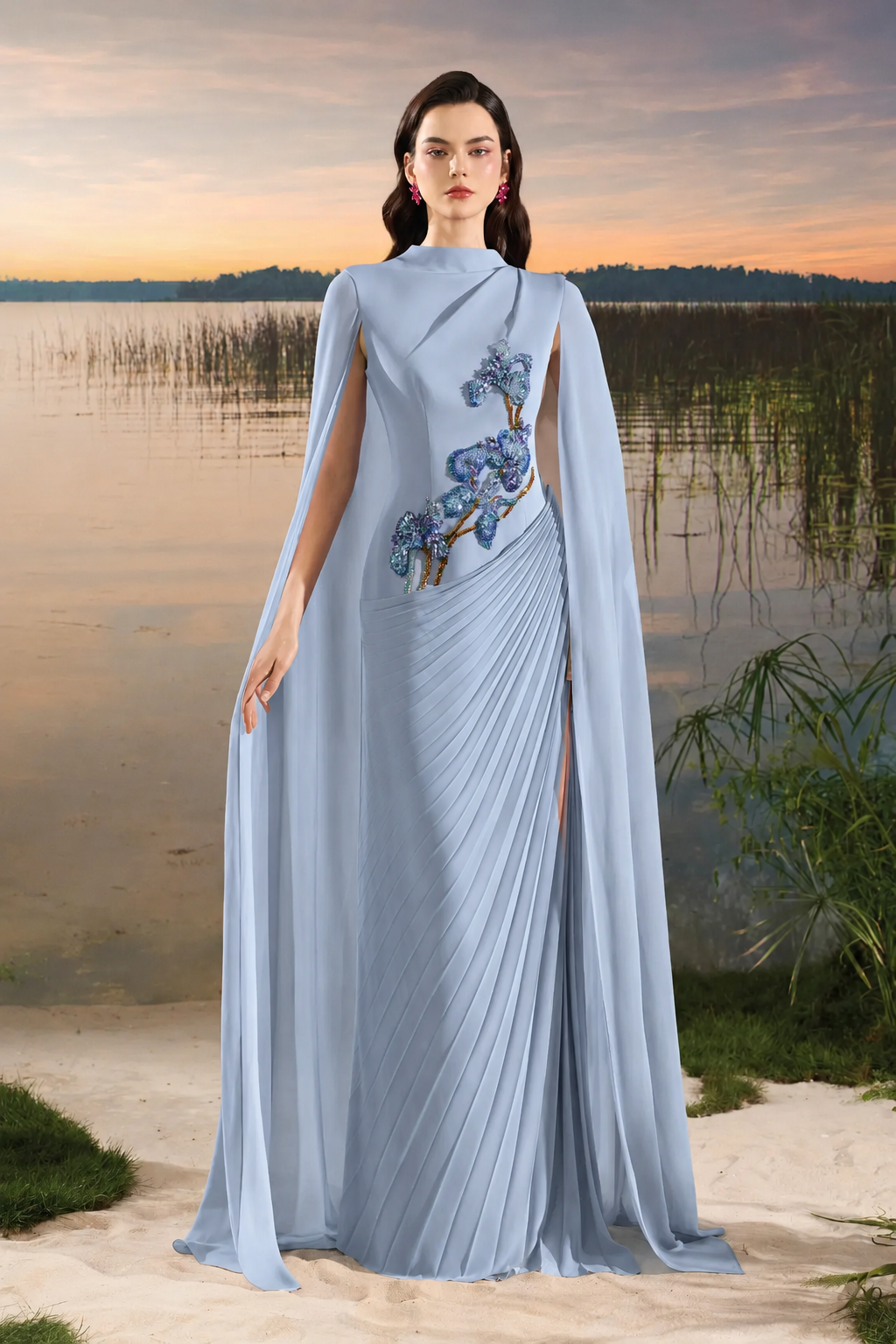 Long Flap Diagonal Pleated Dress - TRACY COUTURE