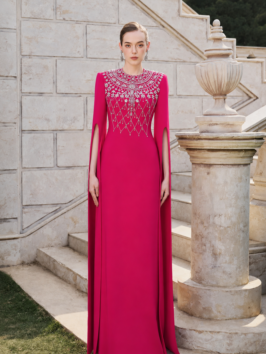 Long Cape Sleeve Stylized Crystal-Embellished Dress - TRACY COUTURE