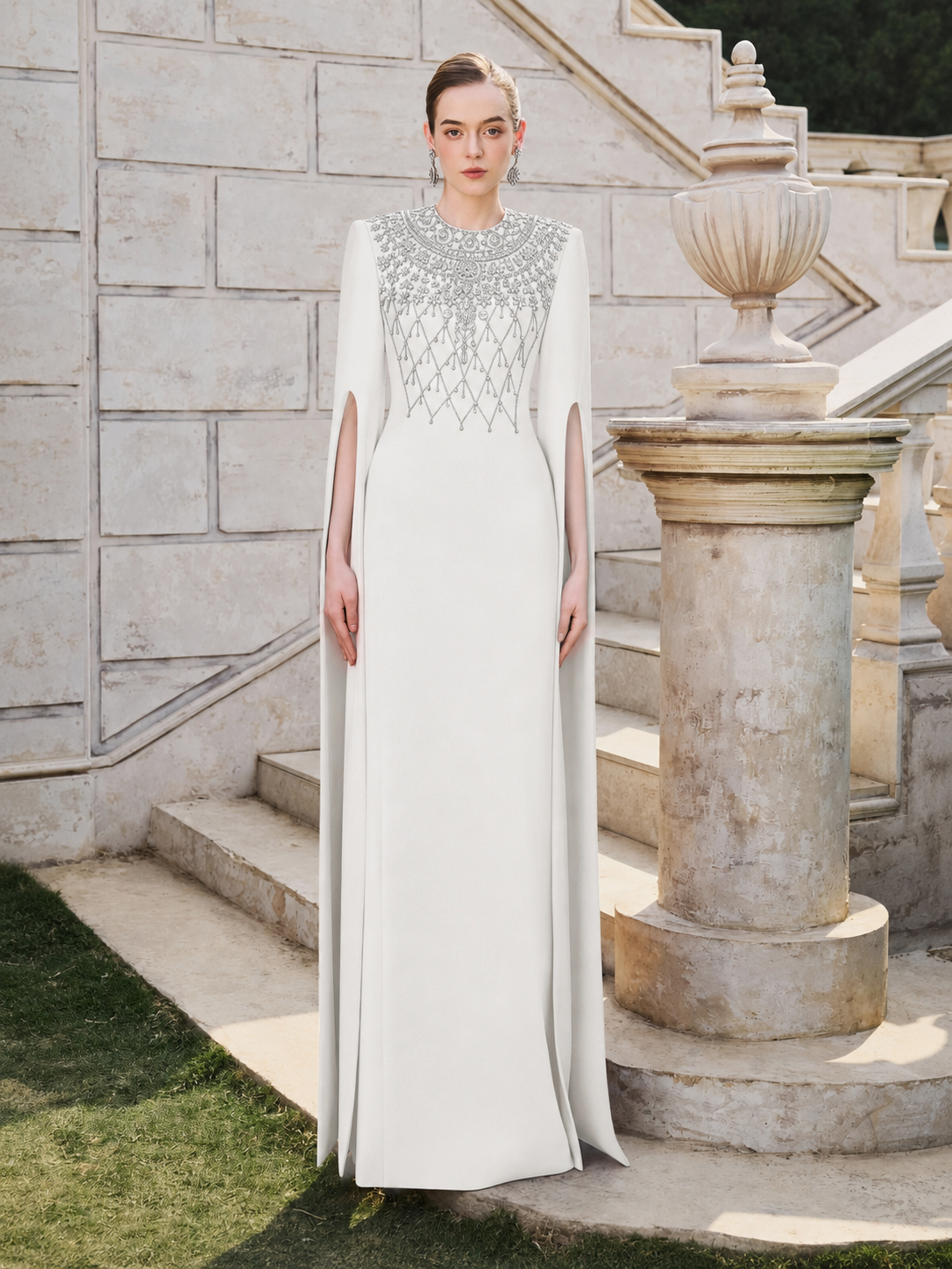Long Cape Sleeve Stylized Crystal-Embellished Dress - TRACY COUTURE