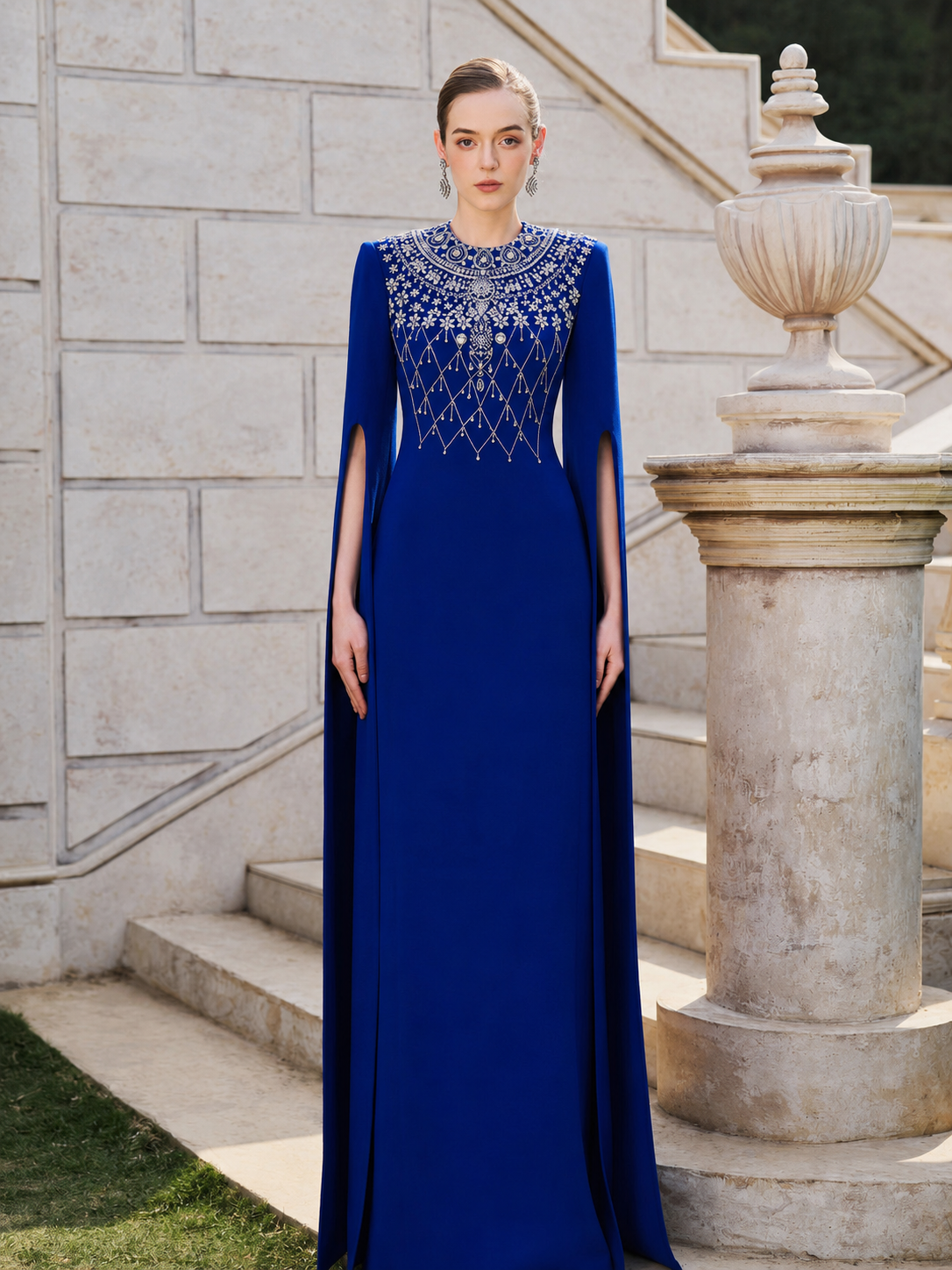 Long Cape Sleeve Stylized Crystal-Embellished Dress - TRACY COUTURE