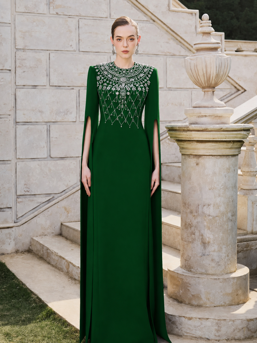 Long Cape Sleeve Stylized Crystal-Embellished Dress - TRACY COUTURE