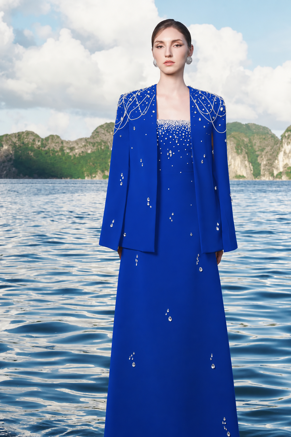 Crystal Strings Cape With Straight Across Crystal Embellished Dress Set - TRACY COUTURE