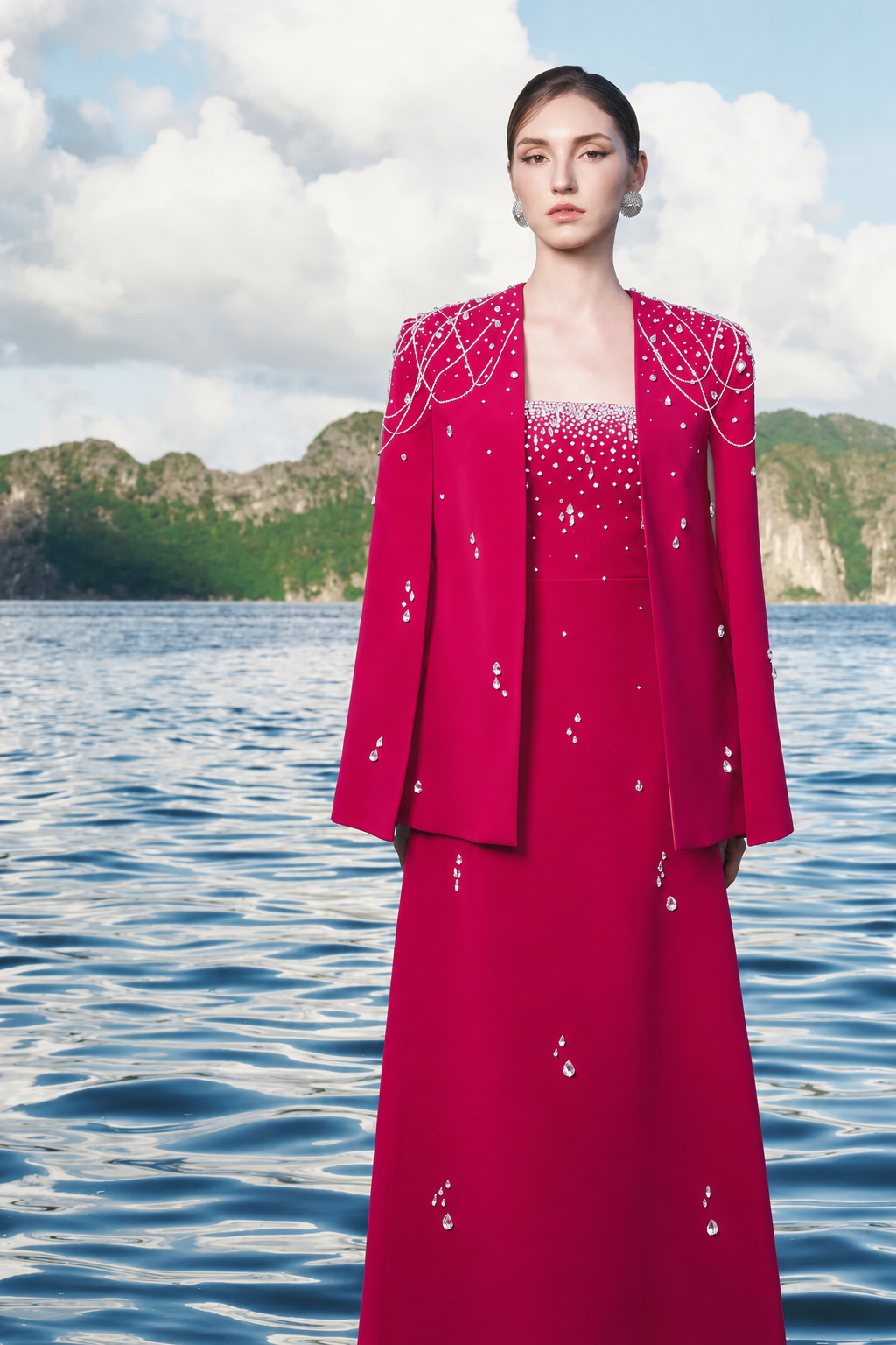 Crystal Strings Cape With Straight Across Crystal Embellished Dress Set - TRACY COUTURE