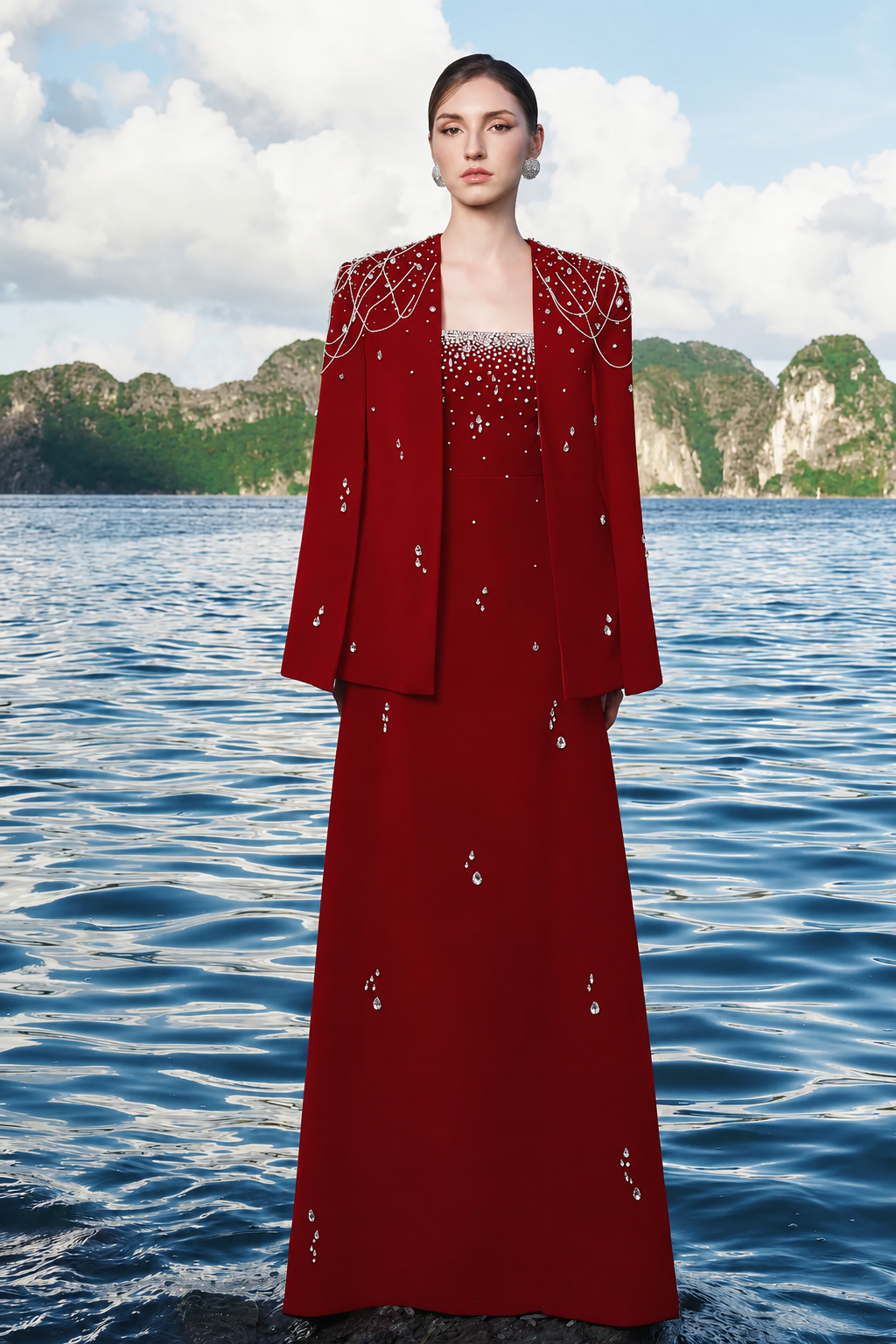 Crystal Strings Cape With Straight Across Crystal Embellished Dress Set - TRACY COUTURE