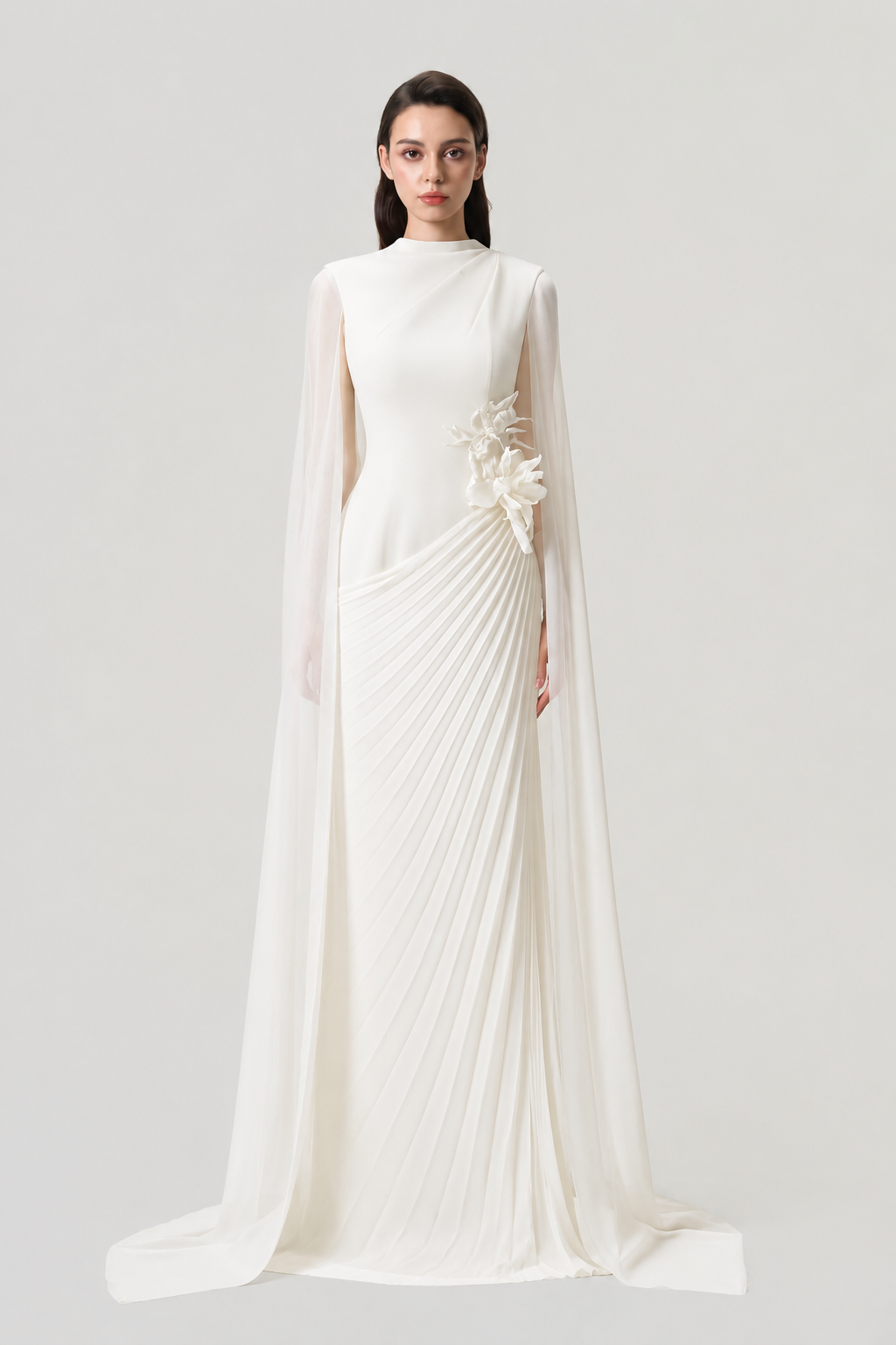 Long Sleeves Cape Diagonal Pleated Dress - TRACY COUTURE