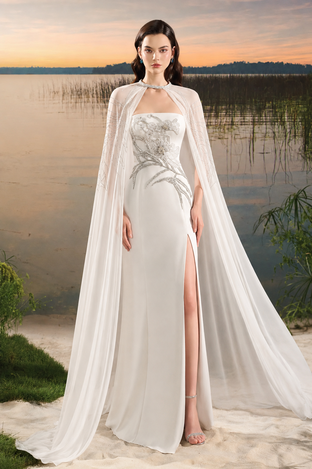 Flowing Cape With Strapless Dress Set - TRACY COUTURE