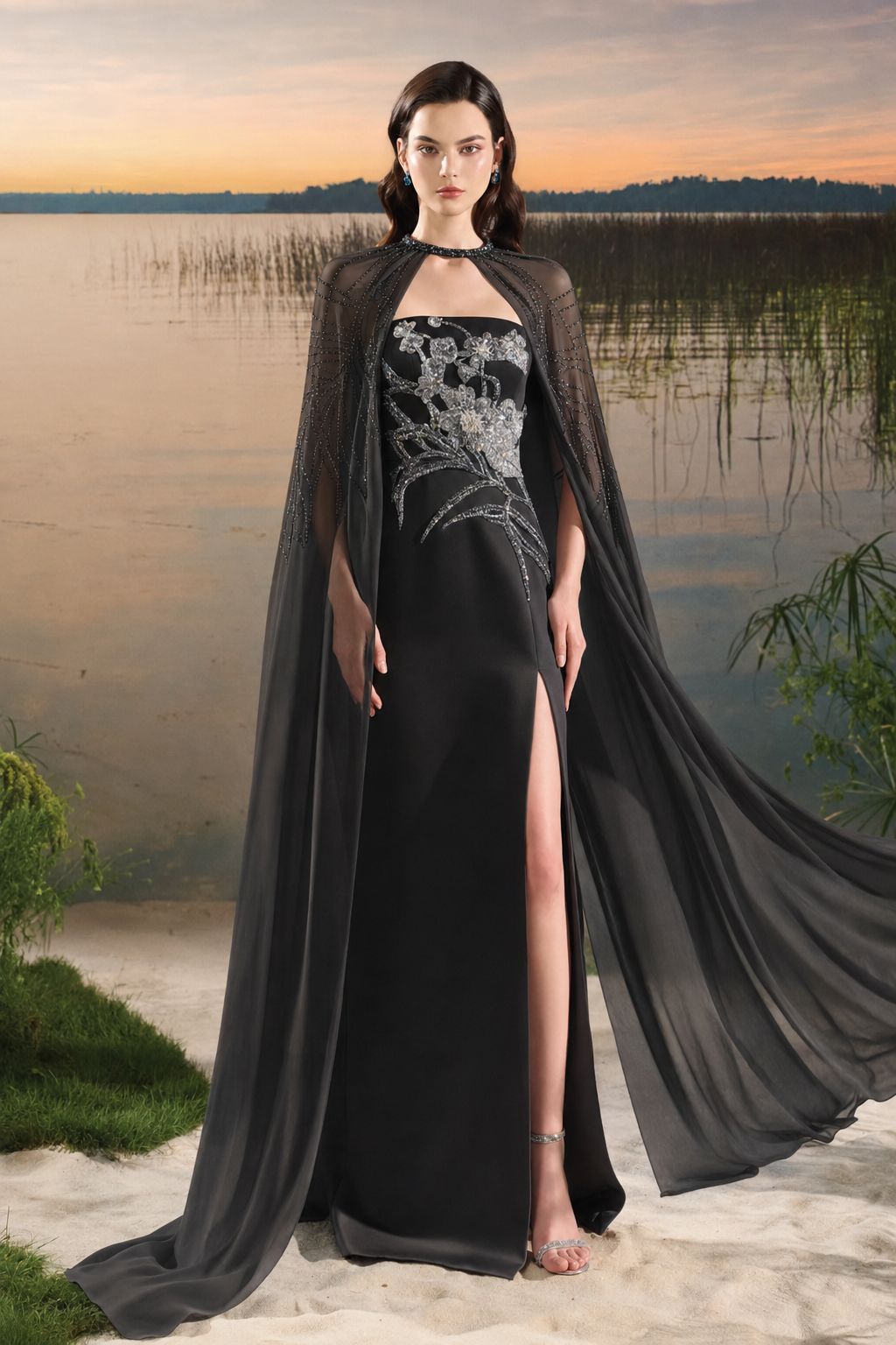 Flowing Cape With Strapless Dress Set - TRACY COUTURE