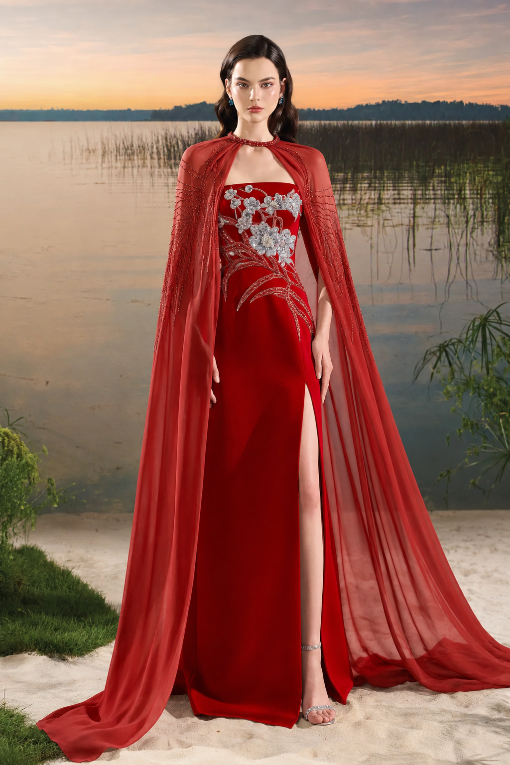 Flowing Cape With Strapless Dress Set - TRACY COUTURE