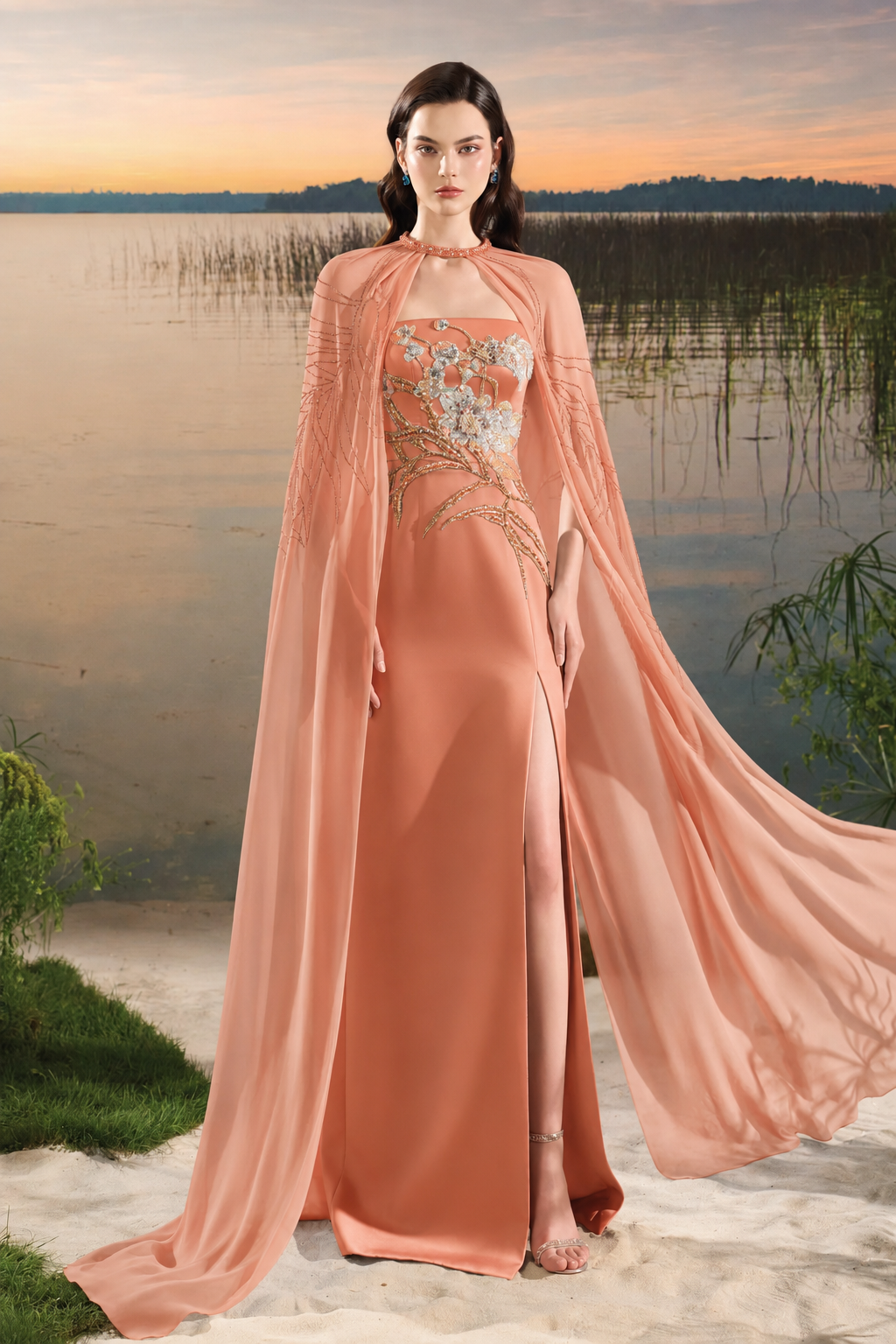 Flowing Cape With Strapless Dress Set - TRACY COUTURE