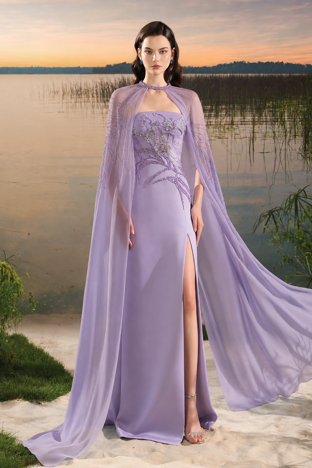 Flowing Cape With Strapless Dress Set - TRACY COUTURE